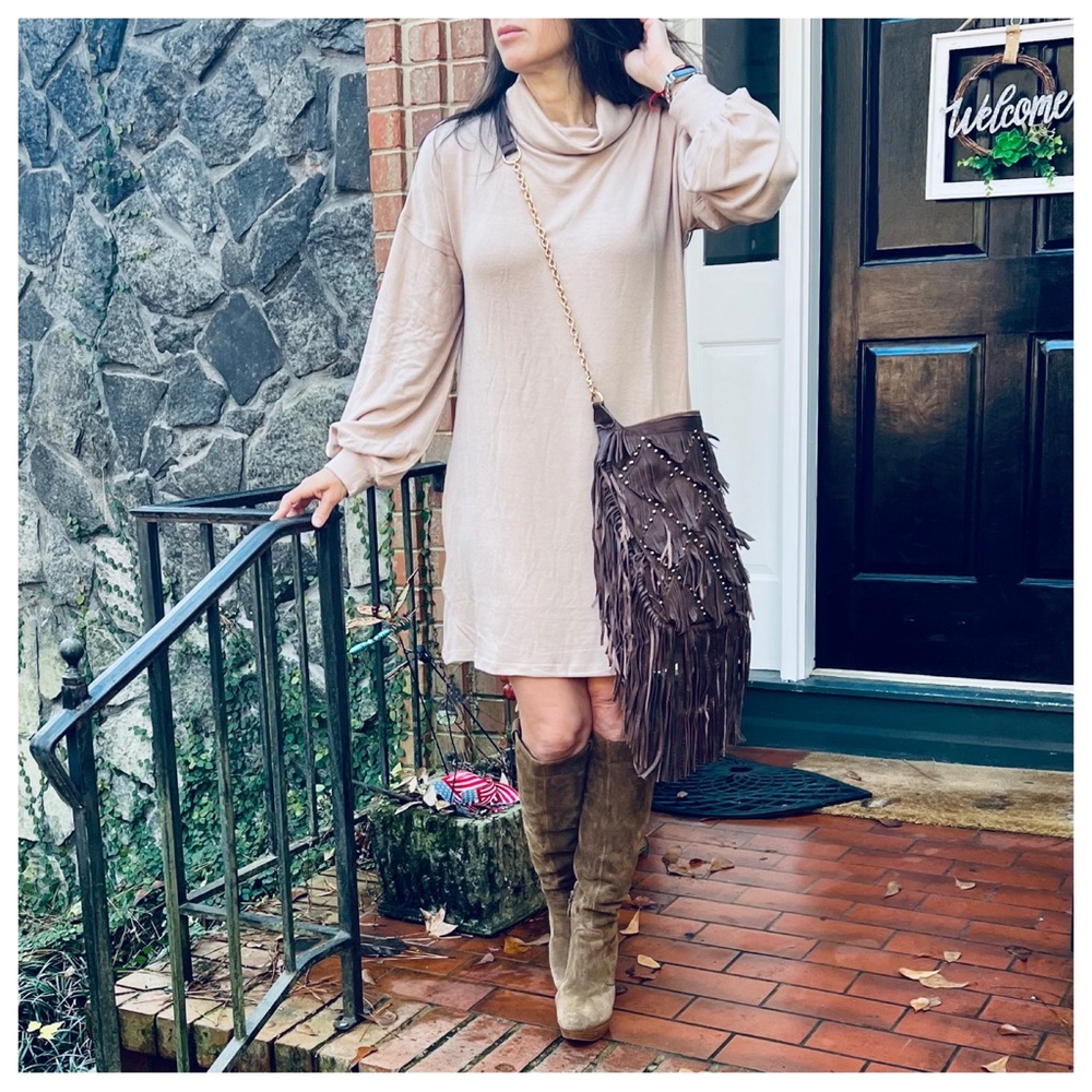 #35 Boho Chic Beige Cowl Neck cuff Sleeve Side pocket knit Dress